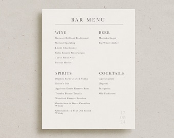 Custom Bar Menu Modern Wedding Card, Minimalist Printed Reception Decor, Personalized Cocktail Drinks Menu, Simple Elegant Stationery Sign