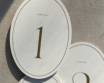 Numéro de table ovale, décor de réception moderne élégant imprimé, carte de table de mariage minimaliste simple