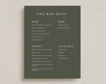 Custom Modern Wedding Bar Menu Card, Minimalist Printed Reception Decor, Personalized Cocktail Drinks Menu, Simple Elegant Personalized Sign