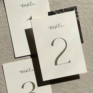 Peut inclure: Trois cartons de numéros de table ivoire avec le mot « table » en écriture manuscrite au-dessus des grands chiffres stylisés 1, 2 et 3. Les chiffres sont de couleur vert clair. Les cartes sont disposées sur une surface de ton neutre.