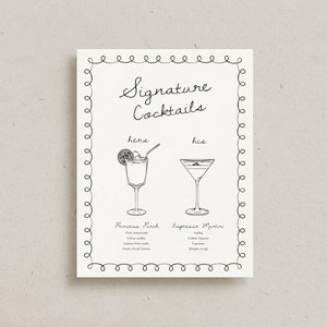 Menu del cocktail bar con firma disegnata a mano, cartello per bevande da matrimonio personalizzato con scarabocchio, decorazioni per ricevimenti stampate, cartello per bar con cancelleria per lui e per lei