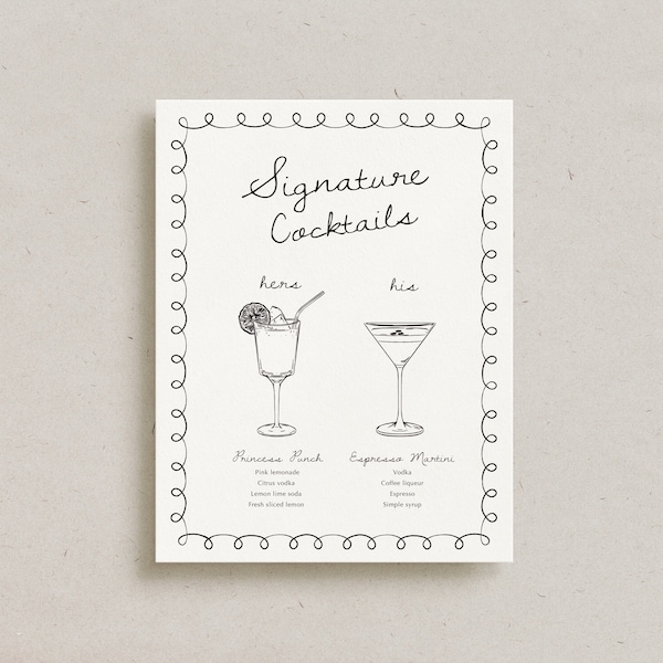 Hand Drawn Signature Cocktail Bar Menu, Doodle Custom Wedding Drink Sign, Printed Reception Decor, His and Hers Cocktail Bar Sign