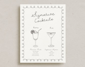Hand Drawn Signature Cocktail Bar Menu, Doodle Custom Wedding Drink Sign, Printed Reception Decor, His and Hers Stationery Bar Sign