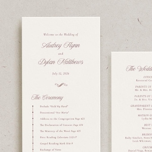 May include: Two cream-colored wedding programs with burgundy text. The left program lists the ceremony details, and the right program lists the wedding party. The programs are labeled "Double Sided Programs" at the bottom.