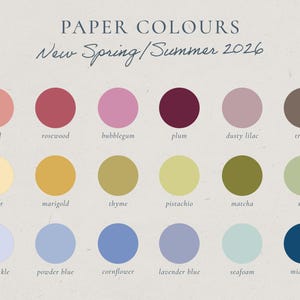 May include: A color palette titled "Paper Colours" with the text "New Spring/Summer 2026." The image displays a grid of 18 circular color swatches, including coral, rosewood, bubblegum, plum, dusty lilac, truffle, butter, marigold, thyme, pistachio, marcha, sage, periwinkle, powder blue, cornflower, lavender blue, seafoam, and midnight.