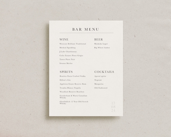 Custom Bar Menu Modern Wedding Card, Minimalist Printed Reception Decor, Personalized Cocktail Drinks Menu, Simple Elegant Stationery Sign