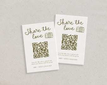 Tarjetas de boda con código QR "Share The Love" impresas, elegantes tarjetas personalizadas con enlace para compartir fotos, tarjetas minimalistas, modernas y personalizables.