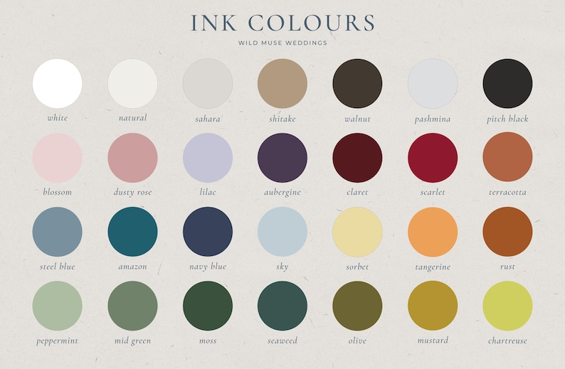 May include: A color palette chart titled "INK COLOURS" with a variety of colors, including white, dusty rose, navy blue, and rust. The text "WILD MUSE WEDDINGS" is also present. The chart is designed for wedding planning.