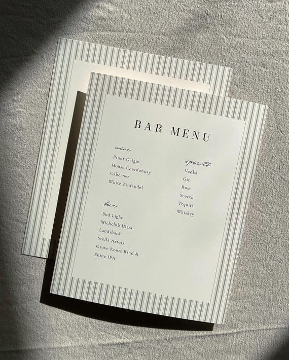 Sweet Signature Striped Custom Bar Menu Modern Wedding Card, Printed Decor, Personalized Cocktail Drinks Menu Simple Elegant Stationery Sign