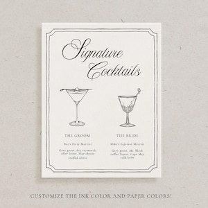 Menu del bar con firma Old Money, biglietto di nozze, decorazione personalizzata per ricevimento, menu di cocktail personalizzati, cartello di cancelleria semplice ed elegante