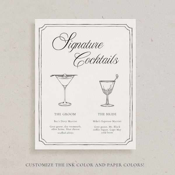 Invito di nozze con menù personalizzato per il bar Old Money Signature, decorazioni stampate personalizzate per il ricevimento, menù personalizzato per cocktail e bevande, cartello di cancelleria semplice ed elegante
