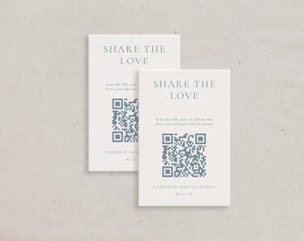 Tarjetas de boda con código QR "Share The Love" impresas, elegantes tarjetas personalizadas con enlace para compartir fotos, tarjetas minimalistas, modernas y personalizables.