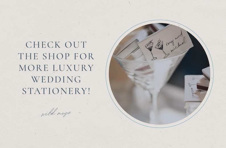May include: A martini glass with wedding stationery, including a card with cocktail illustrations and the names "rong and michael." The text reads "CHECK OUT THE SHOP FOR MORE LUXURY WEDDING STATIONERY!" in navy blue.