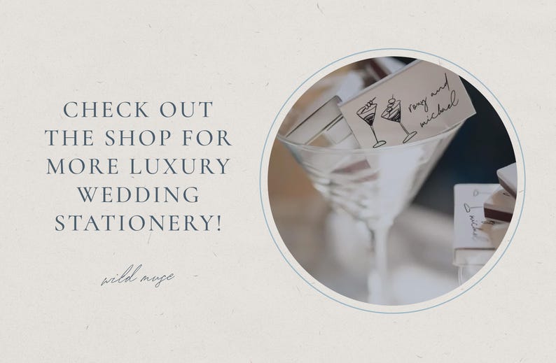 May include: A martini glass with wedding stationery, including a card with cocktail illustrations and the names "rong and michael." The image also includes the text "CHECK OUT THE SHOP FOR MORE LUXURY WEDDING STATIONERY!"
