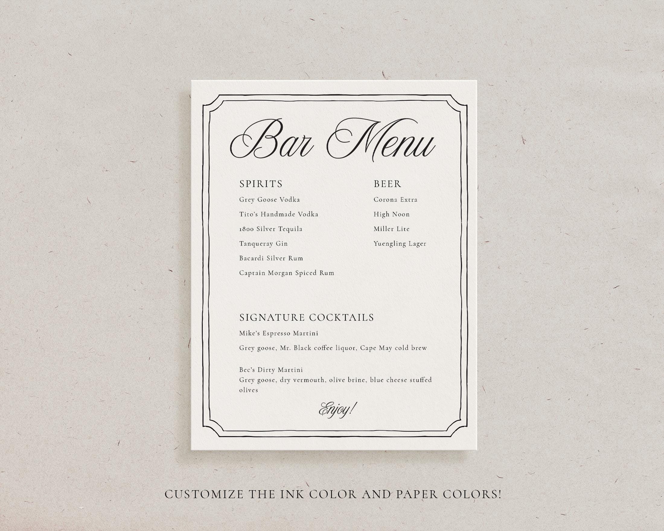 Old Money Bar Menu Modern Wedding Card, Printed Custom Reception Decor, Personalized Cocktail Drinks Menu, Simple Elegant Stationery Sign