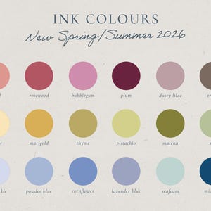 May include: A color palette titled "INK COLOURS" with the text "New Spring/Summer 2026". The image displays a grid of 18 circular color swatches, including coral, rosewood, bubblegum, plum, dusty lilac, and truffle.