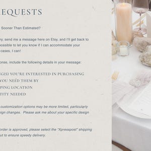 May include: A table setting with a white tablecloth, plates, and gold cutlery. The scene includes a tall candle, decorative rocks, and menu cards. The text "RUSH REQUESTS" is visible, along with details about expedited orders.