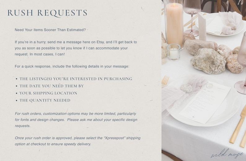 May include: A table setting with a white tablecloth, plates, and gold cutlery. The scene includes a tall candle, decorative rocks, and menu cards. The text "RUSH REQUESTS" is visible, along with details about expedited orders.