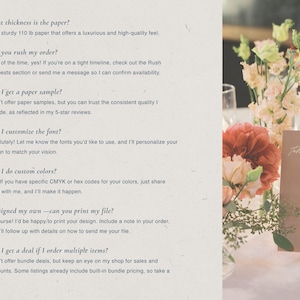 May include: A table setting with a floral arrangement and a table number card. The card is a muted pink color with the number 6 in white. The FAQ section is visible on the left side of the image.