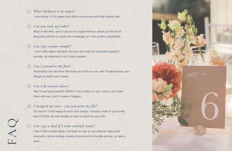 May include: A table setting with a floral arrangement and a table number card. The card is a muted pink color with the number 6 in white. The FAQ section is visible on the left side of the image.