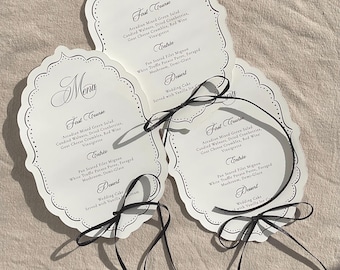 Old Money Lace Wedding Menu with Ribbon, Simple Minimalist, Printed Dinner Menu Table Place Setting, Vintage Party Menus