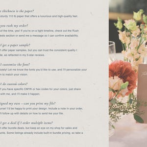 May include: A table setting with a floral arrangement and a table number card. The card is a muted pink color with the number 6 in white. The FAQ section is visible on the left side of the image.