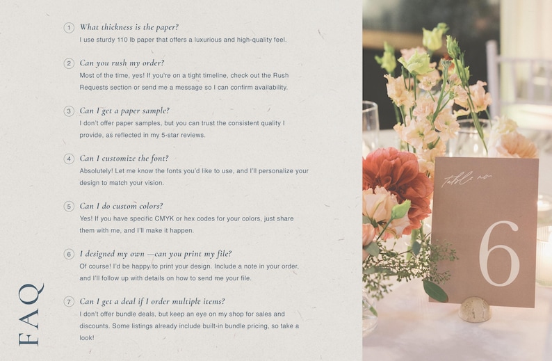 May include: A table setting with a floral arrangement and a table number card. The card is a muted pink color with the number 6 in white. The FAQ section is visible on the left side of the image.