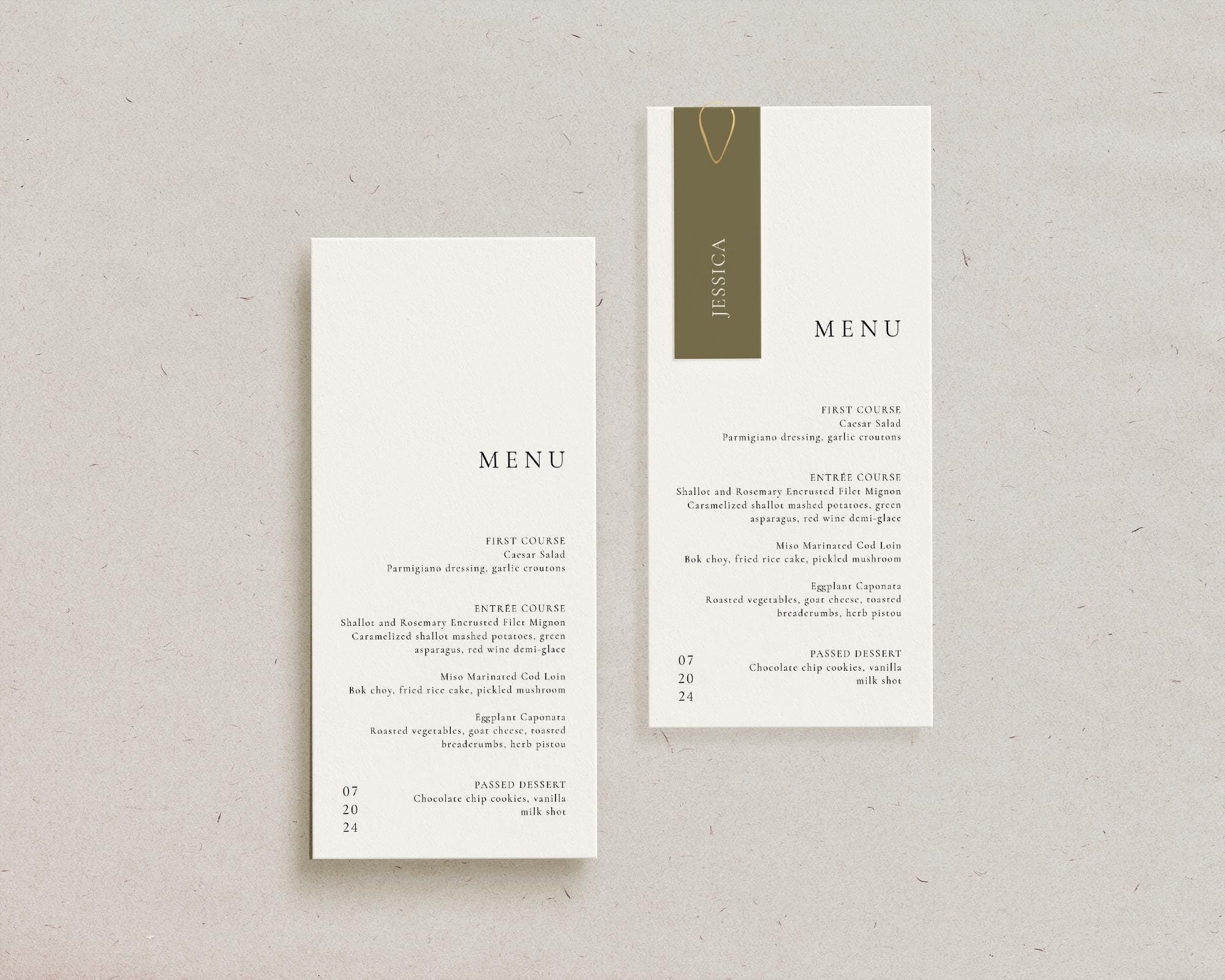Custom Modern Wedding Menu and Place Card, Personalized Reception Decor, Simple Minimalist Template, Printed Dinner Menu Table Place Setting