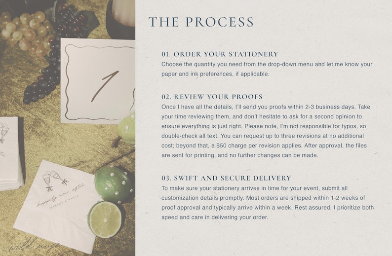 May include: A styled image featuring wedding stationery elements. Includes a table number card with the number 1, napkins with a champagne glass design, and text that reads "The Process". Decorative elements include grapes and limes.