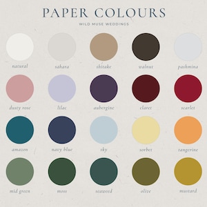 May include: A color palette chart titled "PAPER COLOURS" with a variety of circular color swatches. Colors include white, natural, sahara, and others like steel blue, navy blue, and rust. The text "WILD MUSE WEDDINGS" is at the top.