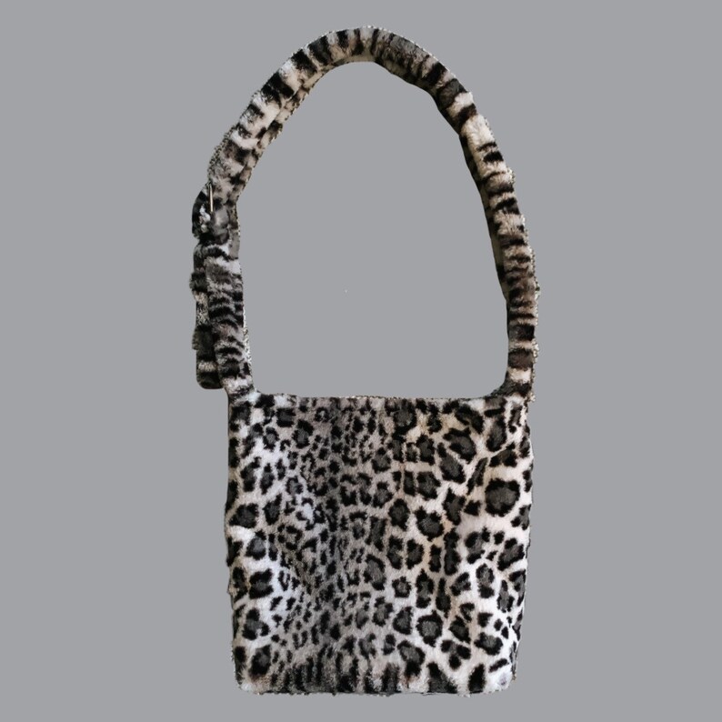 Gray Animal Print Fuzzy Purse Fluffy Snow Leopard Print Tote