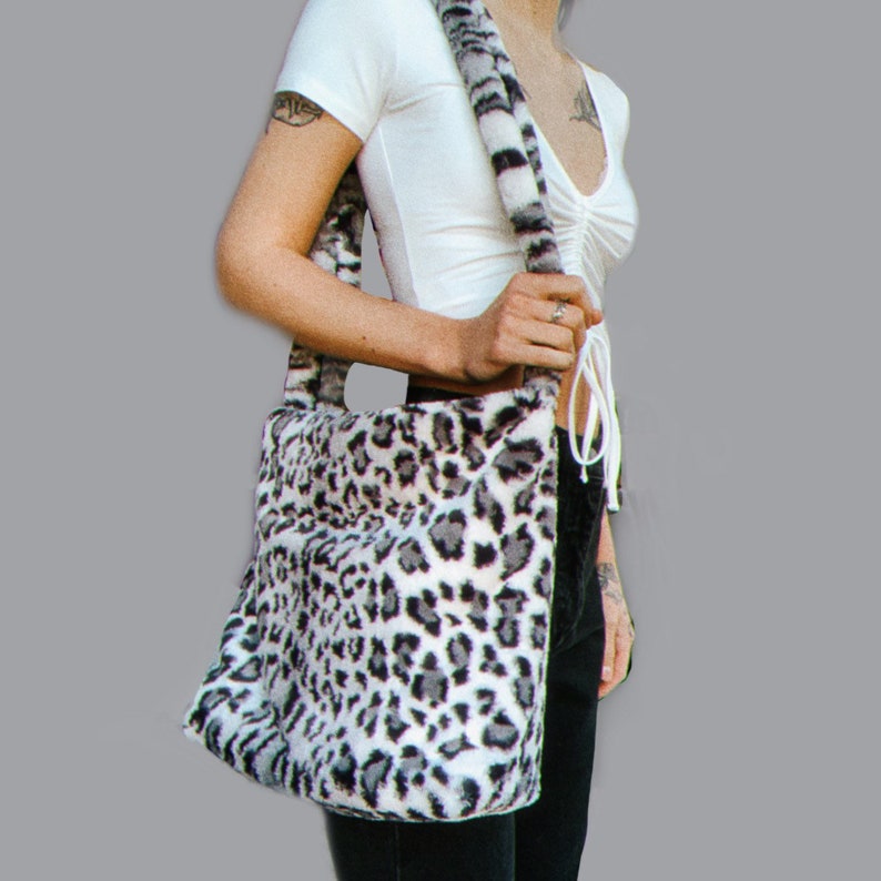 Gray Animal Print Fuzzy Purse Fluffy Snow Leopard Print Tote