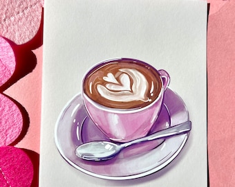 May include: A purple coffee cup with a white heart design in the foam on top of the coffee. The cup is on a purple saucer with a silver spoon.