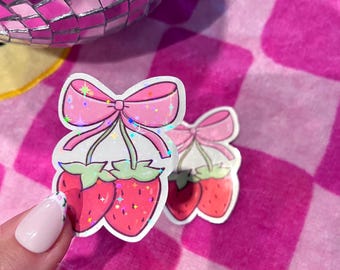 Strawberry Bow Sticker-Kindle Sticker- Laptop sticker- water resistant Sticker- Cute Sticker- Kindle Sticker- Unique Gift