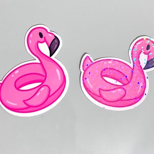 May include: Two pink flamingo pool float stickers. One sticker has a glitter finish.