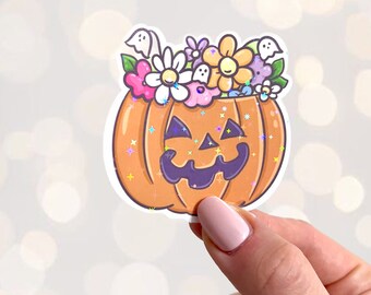 Pumpkin Flower Pot Halloween Sticker - water resistant Jackolantern Decal