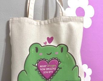 Cute Frog Pun Tote Bag- Never Froget How Amazing You Are- Grocery Bag- Shoulder Bag- Unique Gift