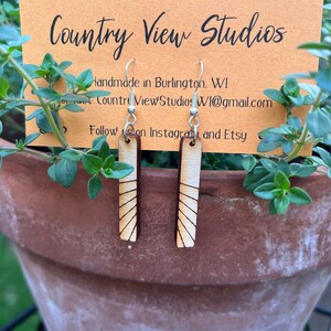 Geometric Wooden Bar Dangle Earrings - Baltic Birch, statement, 925 sterling silver, laser cut, laser engraved