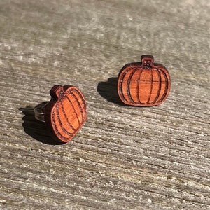 Pumpkin Wooden Earrings - Laser Cut, Engraved, Padauk hardwood, fall, hypoallergenic surgical stainless steel, nature holiday