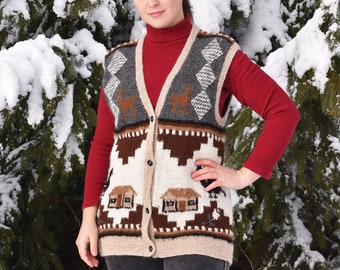 Hand Knitted Womens Long Vest Animal and Geometric Pattern Size M-L