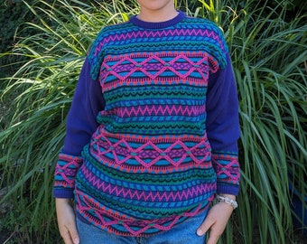 Multicoloured Unisex Sweater Geometric Knitting Size M