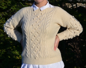 Cable Knit White Womens Wool Sweater Handmade Size S