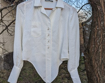 White Cropped Tie Blouse Pearl Buttons Size S