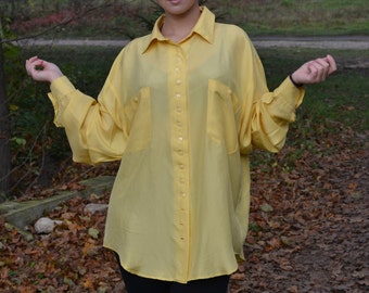 Silk Blouse Lemon Color with Two Front Pockets Oversize Vintage Marco Pecci Couture Womens Size 42