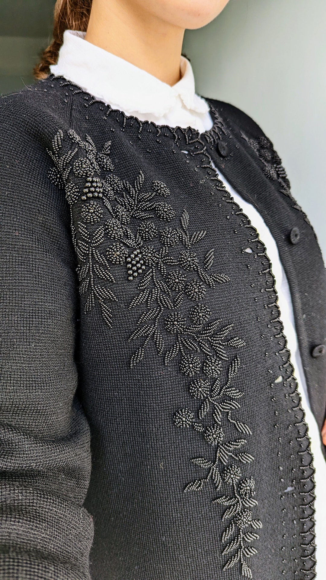 Vintage 1980s Black Beaded Wool Cardigan