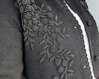 Black Beaded Cardigan Handmade Embroidered Vintage 50s 60s