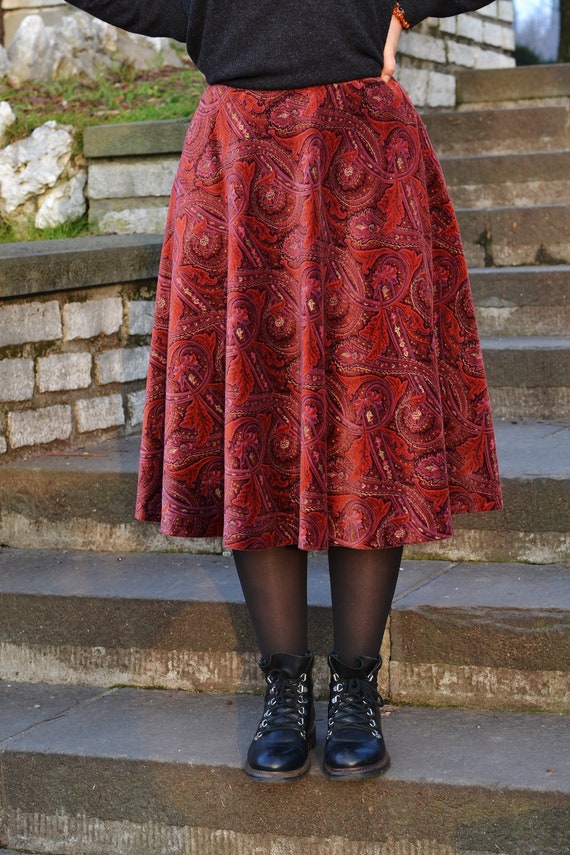 Vintage 40s 50s Velvet Skirt Midi Paisley Pattern 