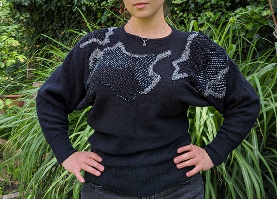 Black Vintage 80s Wooll Beaded Jumper Size S-XS