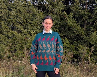 Green Wool Sweater Birds Pattern Size M-L Tulchan