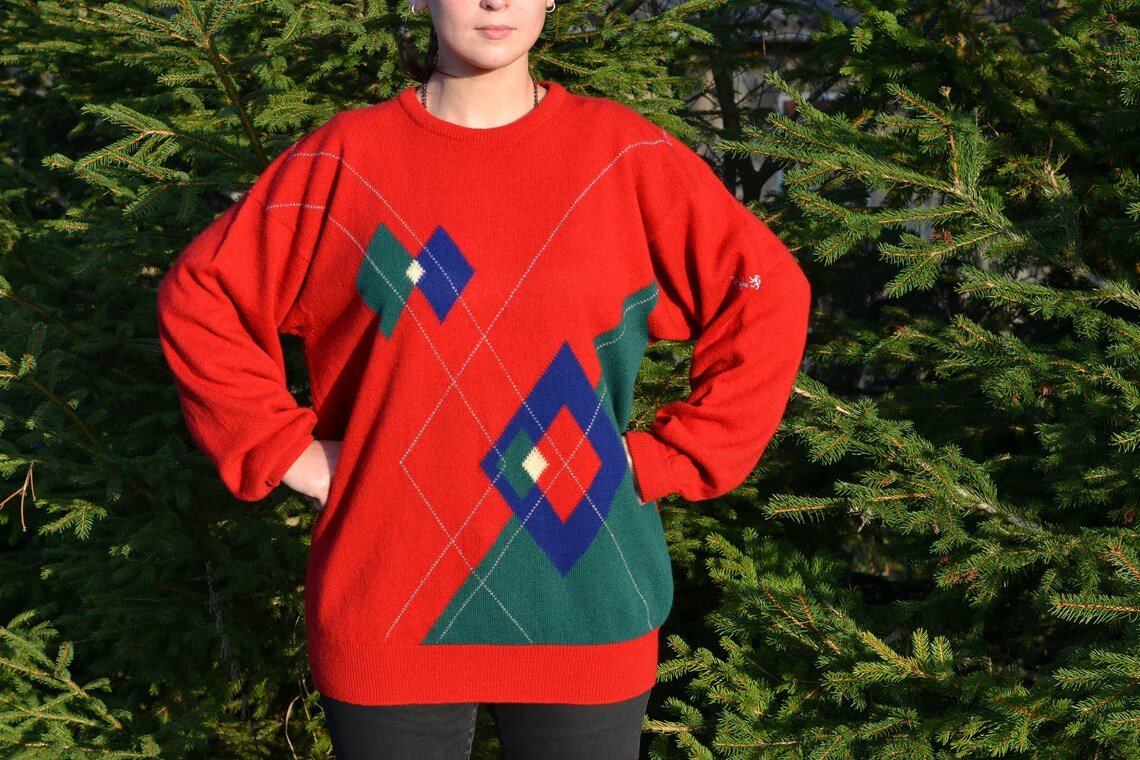 Vintage 90s Mens Christmas Red Sweater Pringle 100 Wool Size Etsy